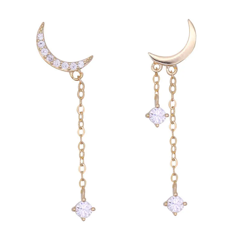 

100% Real 925 Sterling Silver Asymmetric Moon Star Earring CZ Tassel Chain Earrings For Women Teen Amazon Dropship