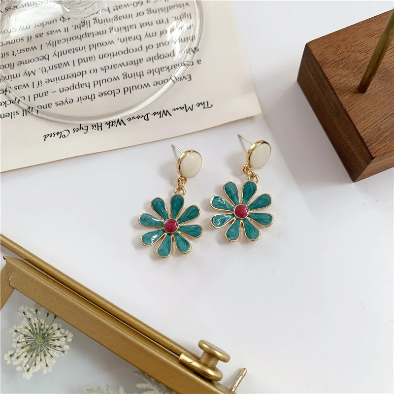 

JUHU 925 silver needle green accessory drops of oil irregular geometric drop earrings vintage daisy stud earrings for female