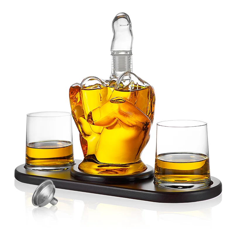 

RTS Middle Finger Shaped Glass Bottle Wine Whisky Whiskey Glass and Decanter Set for Tequila Vodka Whisky Gift with 2 Glasses