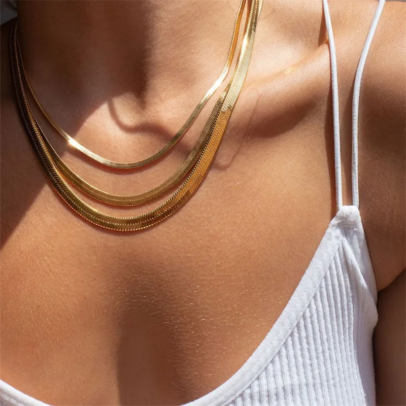

Fashion Tarnish Free Jewelry 14k Gold Plated Stainless Steel Necklace flat Snake Chain Clavicle Blade Necklace YF2944