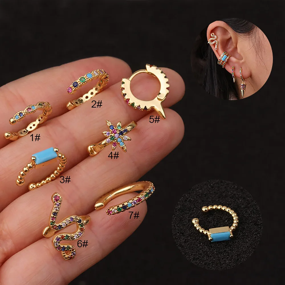 

Non pierced women fashion trend jewelry U shaped ear cuff cartilage aretes copper color cz zirconia clip on earring, Gold