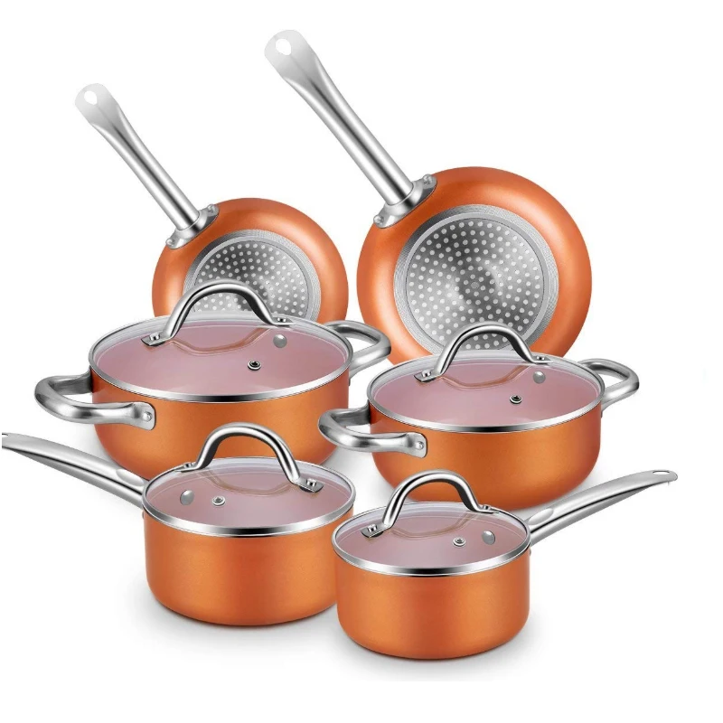 

New aluminum home kitchen cookware 10pcs copper ceramic cooking nonstick pot and pan cookware sets, Rose red