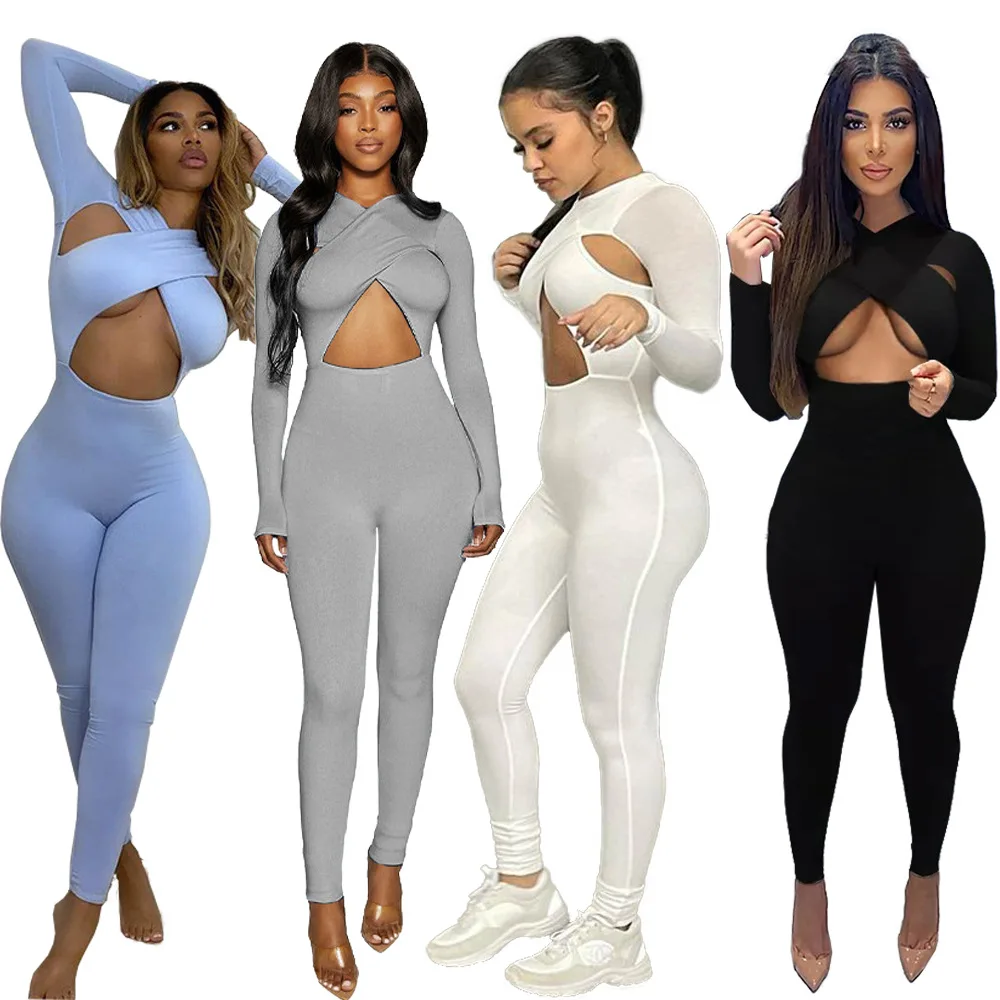 

2021 Sexy Fall Women Long Sleeve Solid Jumpsuit Round Neck Halter Criss Cross V Neck High Waisted Skinny Leggings Tracksuit Club