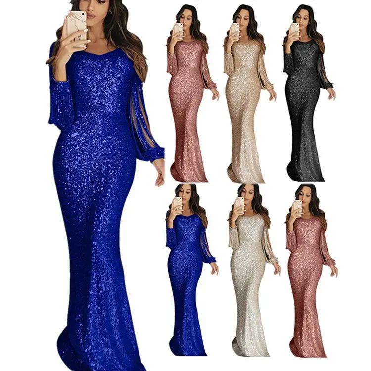 

0051510 New Arrival Fashion Long Tassel Sleeve Sequined Maxi Dresses Sequin Floor Length Ladies Trendy Evening Women Party Dress