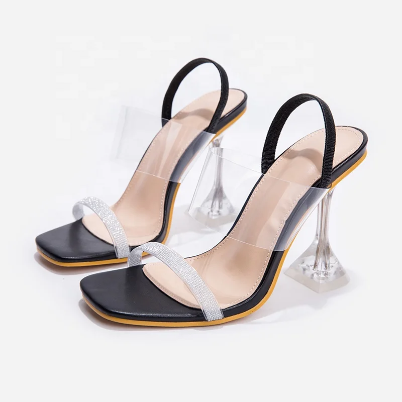 

2020 ladies heels latest design sexy PVC rhinestone sandals high heel clear women shoes, Black/white