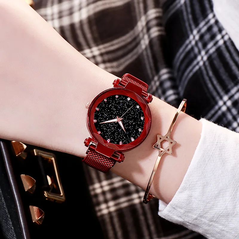 

Black shining Starry Sky dial diamond scale flat top cone crown Wristwatches women charm Magnetic buckle mesh steel watch