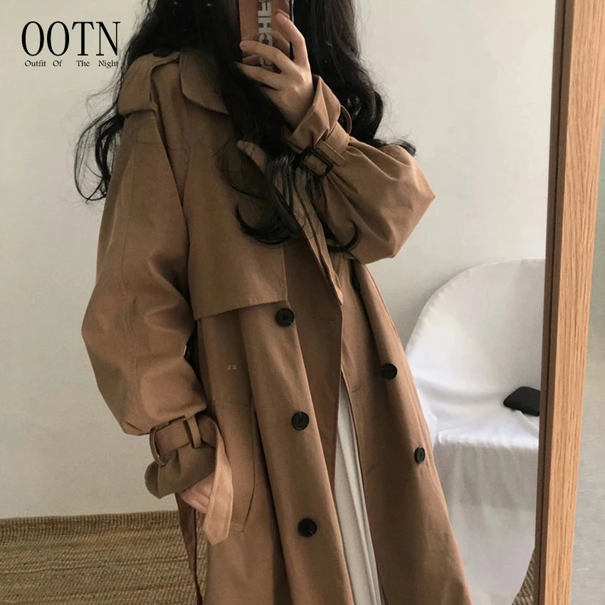 

OOTN Autumn Winter Fashion Double-breasted Windbreaker Femme Casual Women Long Outerwear Loose Overcoat Chic Women Trench Coat