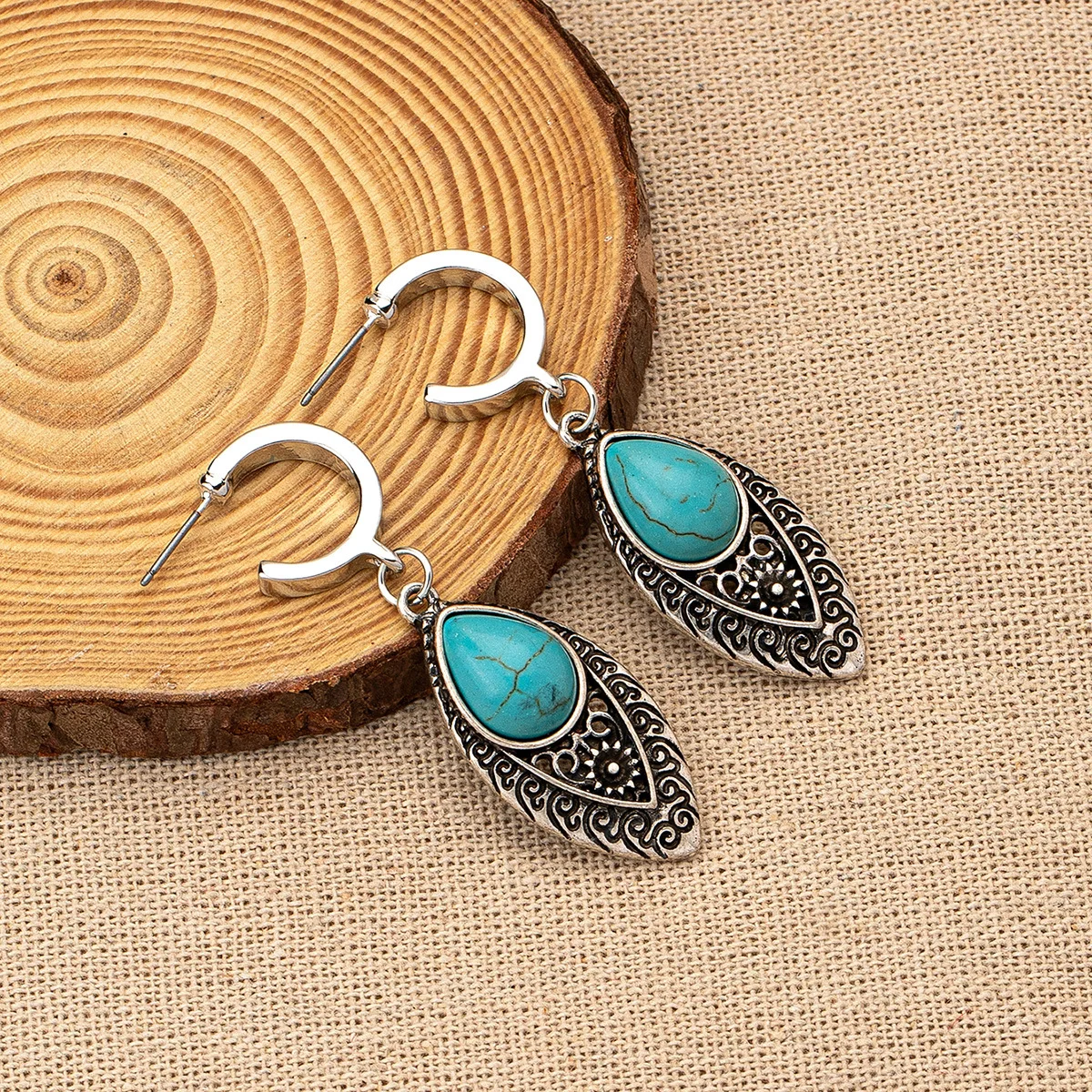 

Natural Gemstone Carved Flower Silver Vintage Design Diamond Drop Dangle Earrings Inlay Turquoise For Lady