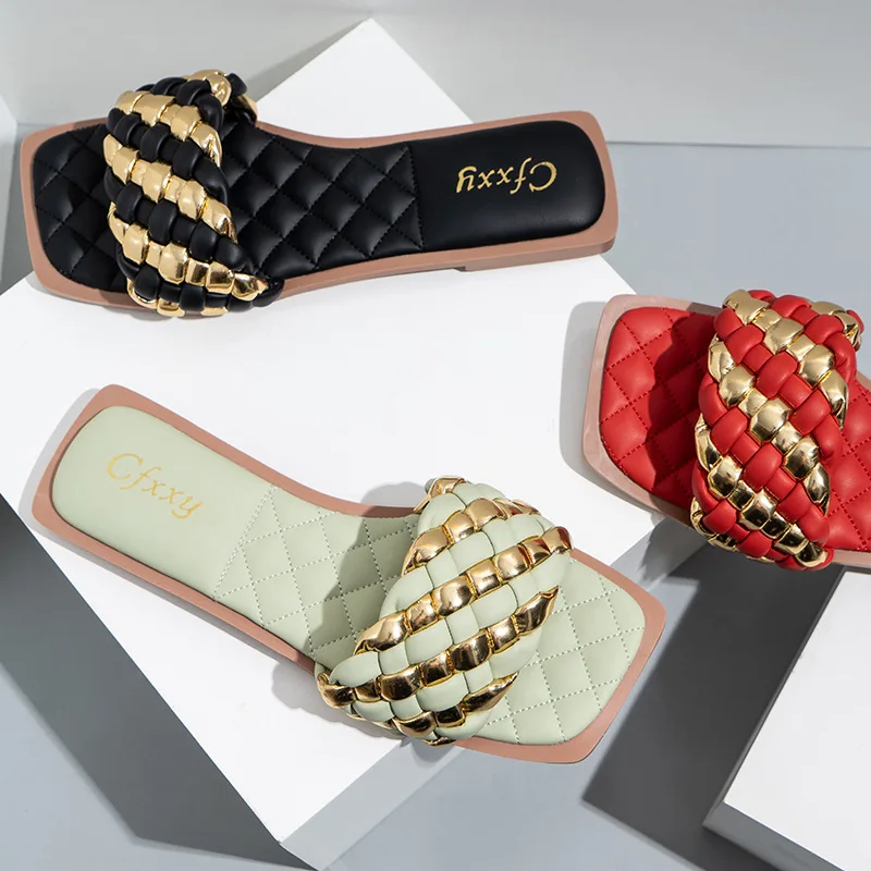 

Designer One-line Knitting Mixed Color Flat Luxury Slippers Women Famous Brands Custom Slippers Women's House Sandals Slipper