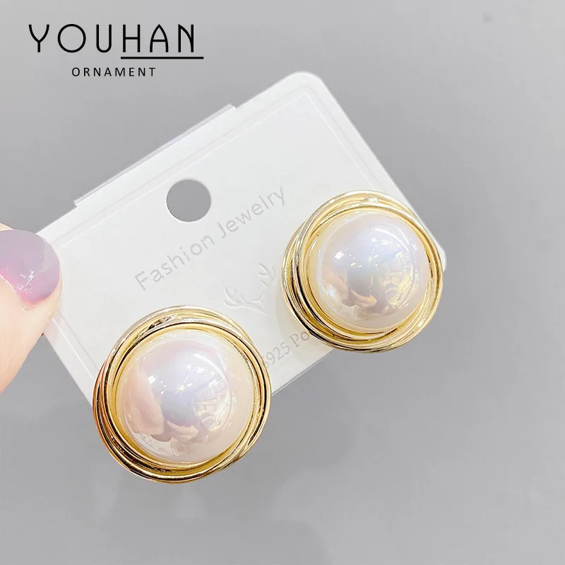 

ED62344 Fashion design gold plated brass women jewelry big pearl simple stud earrings