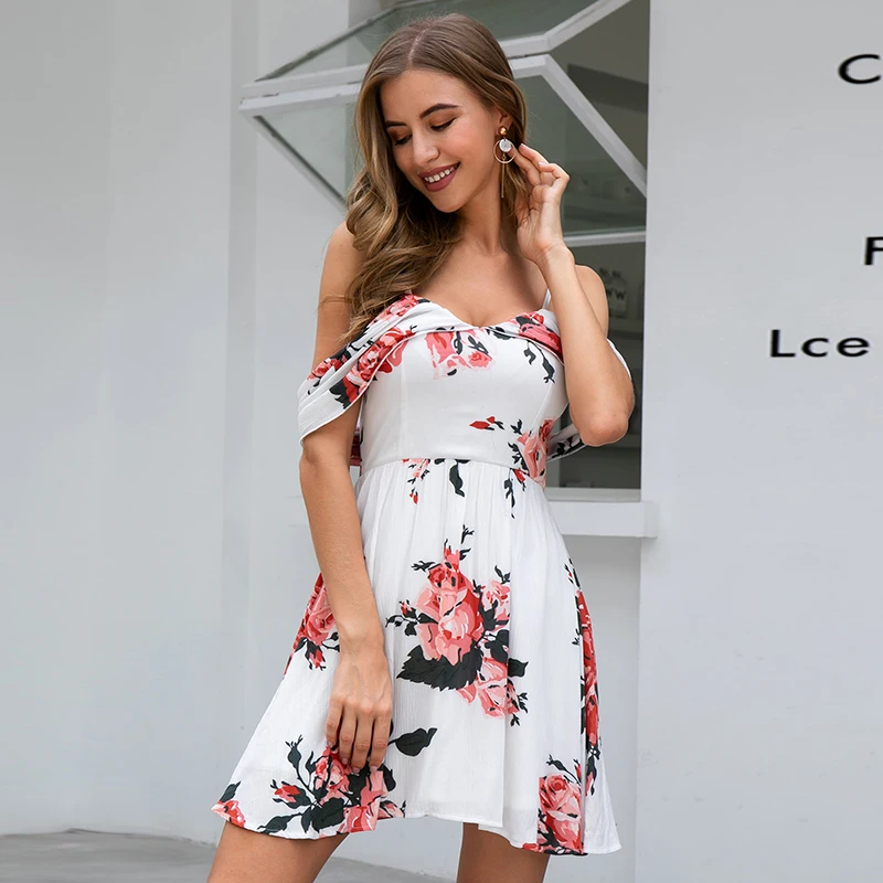 

Weixin Shein Fashion Dropshipping Summer Womens Clothing Floral Print Halter White Chiffon Ruched Detail Skater Casual Dress