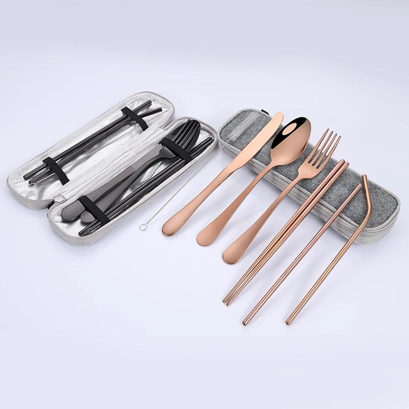 

Outdoor camping flatware reusable travel portable eco friendly stainless cutlery set knife spoon forks straws chopstick with bag, Customize/black/silver/gold/rose gold