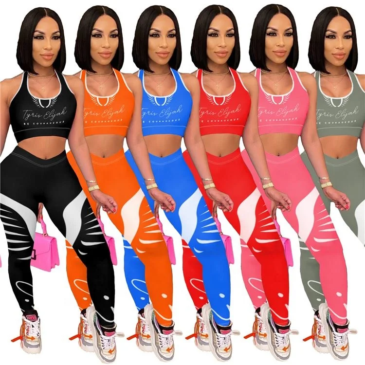 

2021 New Ladies Gym Wear Tracksuit Vest Long Pants Summer Women Two Piece Fitness Sets, Picture shown