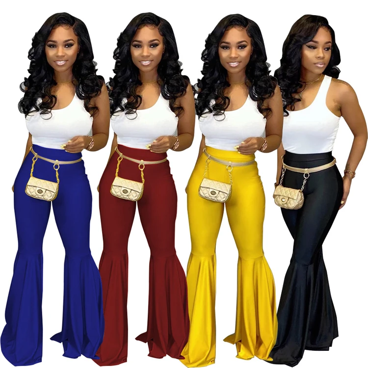 hot sale pure color casual pu leather high waist women bell bottom pants