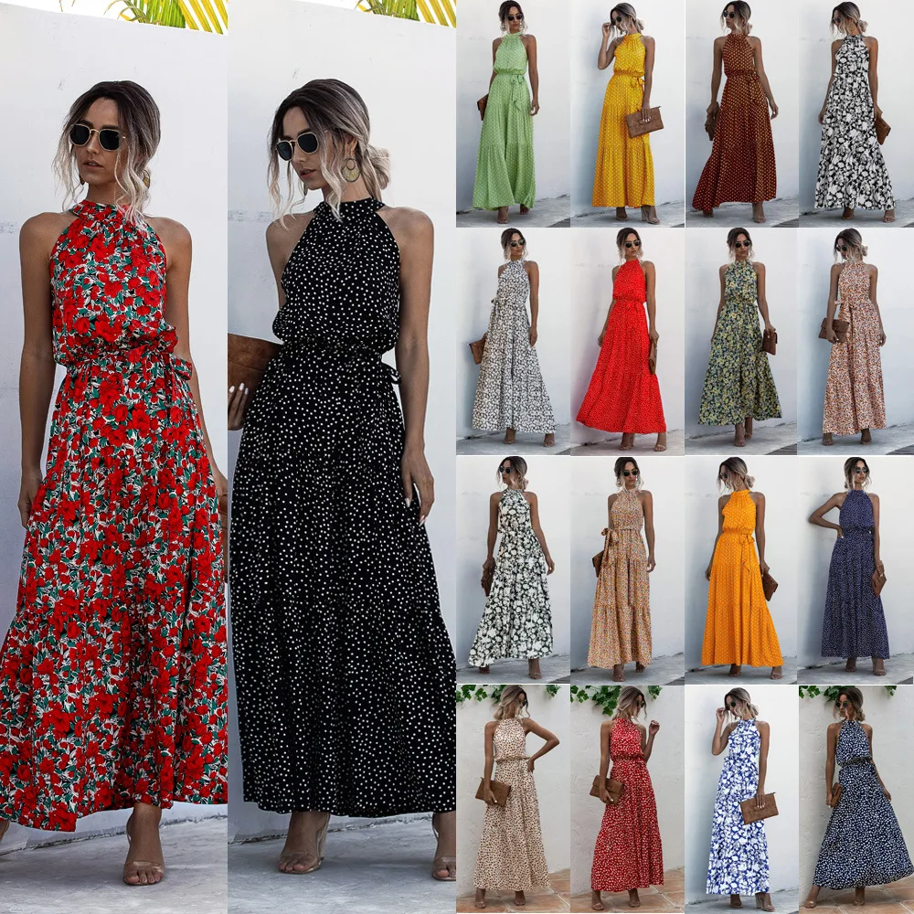 

Women's Summer Halter Neck Sleeveless Floral Backless Loose Ruffle Sundress with Belt Casual Long Maxi Dress