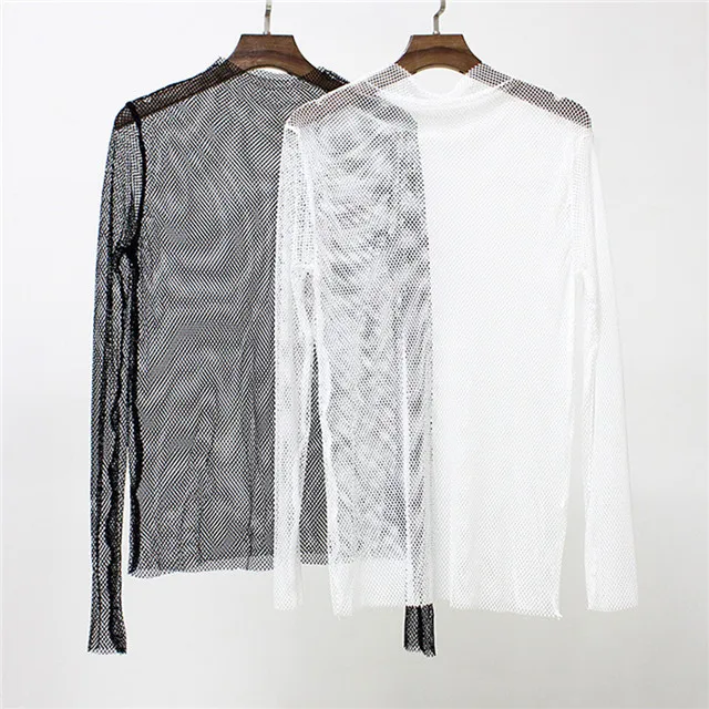 

Sexy High Neck See-through T-shirts Hollow Out Transparent Fishnet Tops, Picture showed
