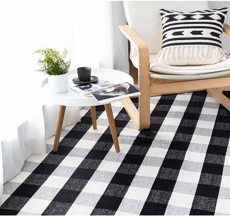 Christmas Decoration Custom Washable Black And White Outdoor Cotton Buffalo Plaid Check Rug