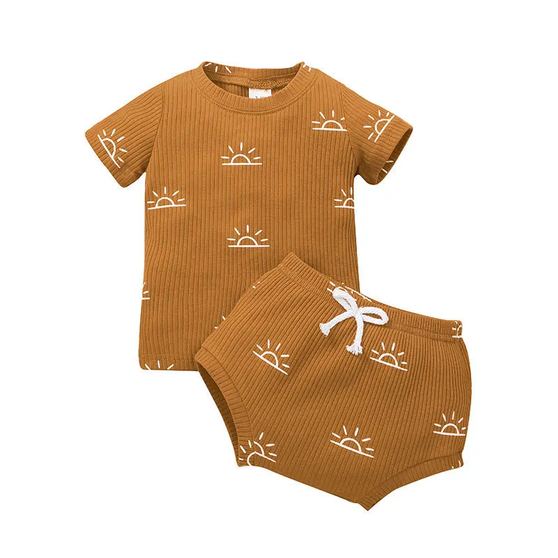 

Newborn Baby Boys Girls Summer Outfits Infant Ribbed Knitted Cotton Short Sleeve T-Shirt Shorts Two Piece Clothes Set, More colors