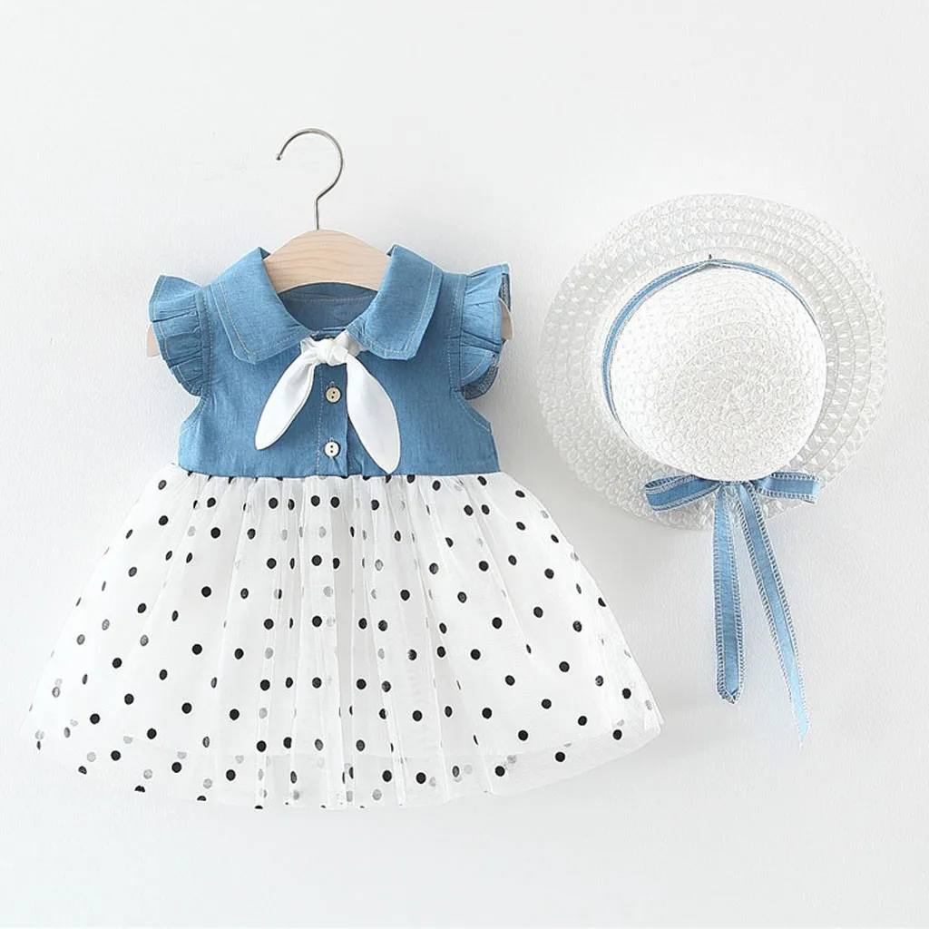 

Girl Party Dresses Denim Clothes Outfits Infant Summer Dress Hat Toddler Girl Princess