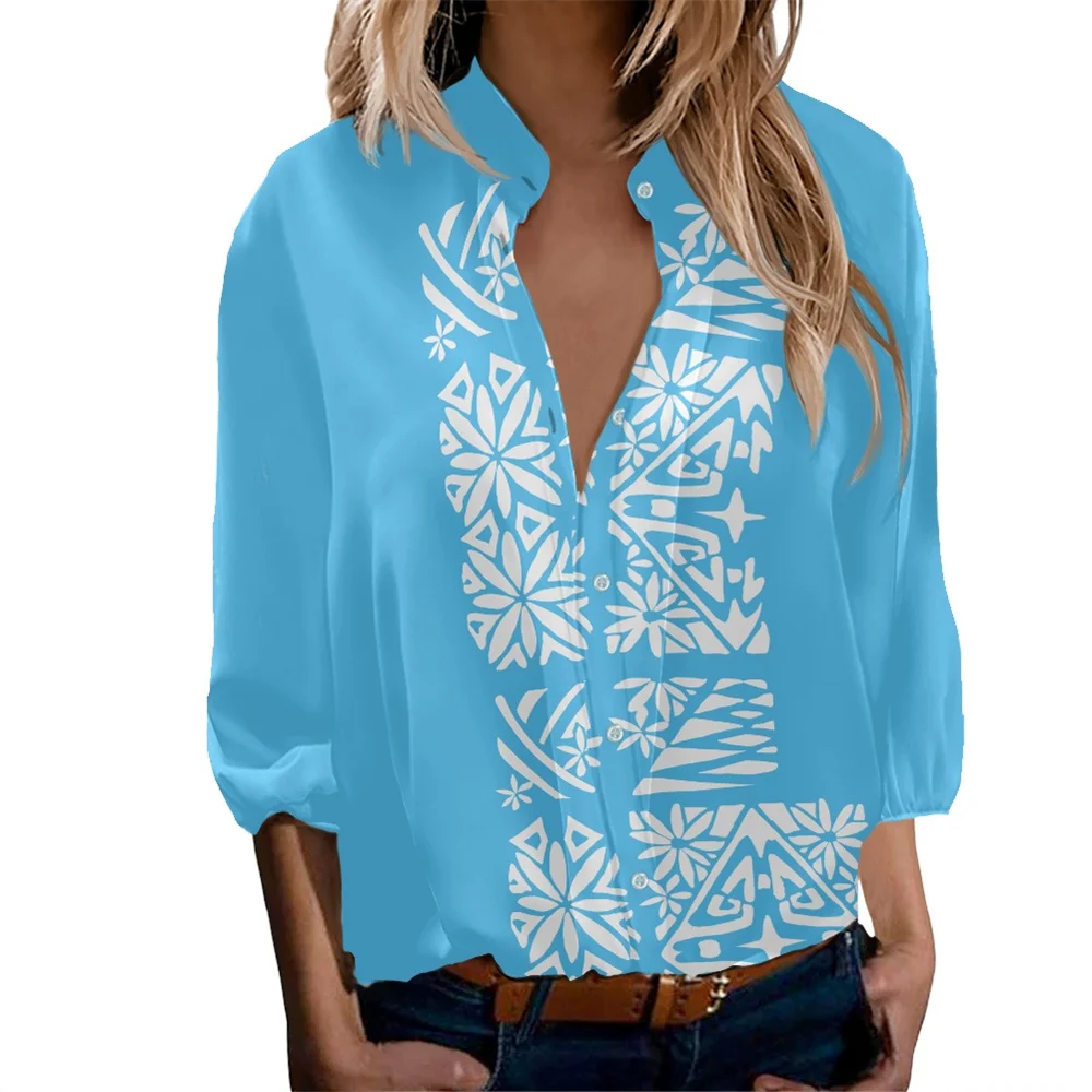 

CUSTOM Polynesian Samoan Tribal Tapa Tattoo Design Button Shirt for Women Long Sleeve Plus Size Tops And Blouses Ladies' Blouses, Customized color