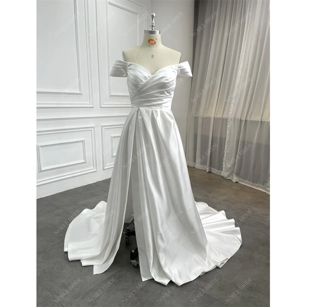 

Women Off Shoulder Sleeves Pleated Side Slit Factory Wholesale Custom Satin Wedding Bridal Dress