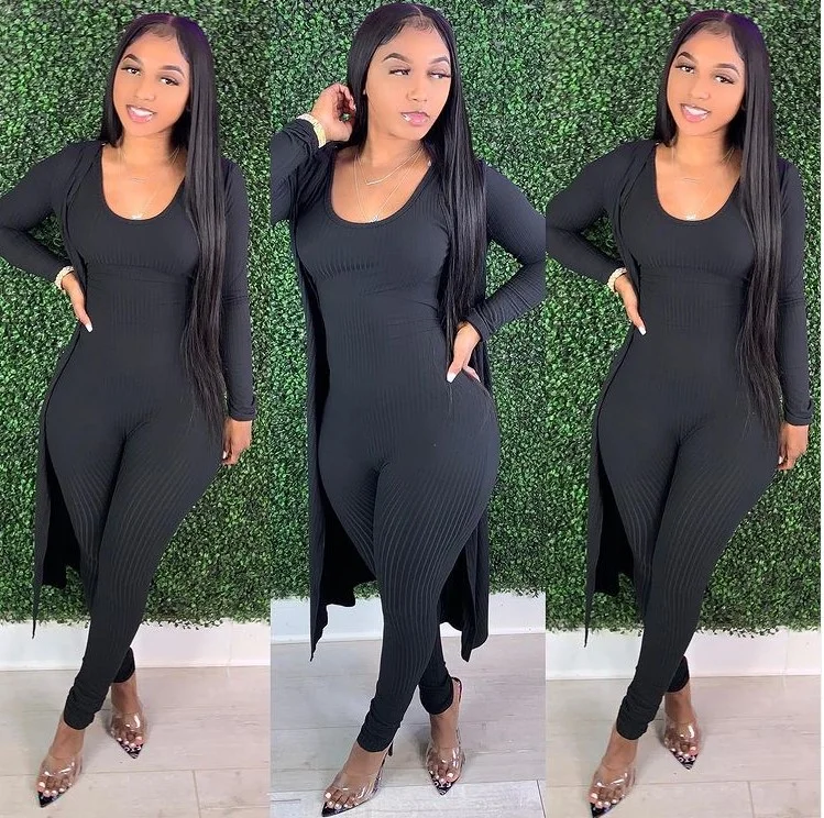 

2021 Amazon Hot Selling Knitted Sleeveless Jumpsuits Sets Rompers Women Jumpsuit and Cardigan Two piece Jumpsuits For Women, Black/gray/khaki