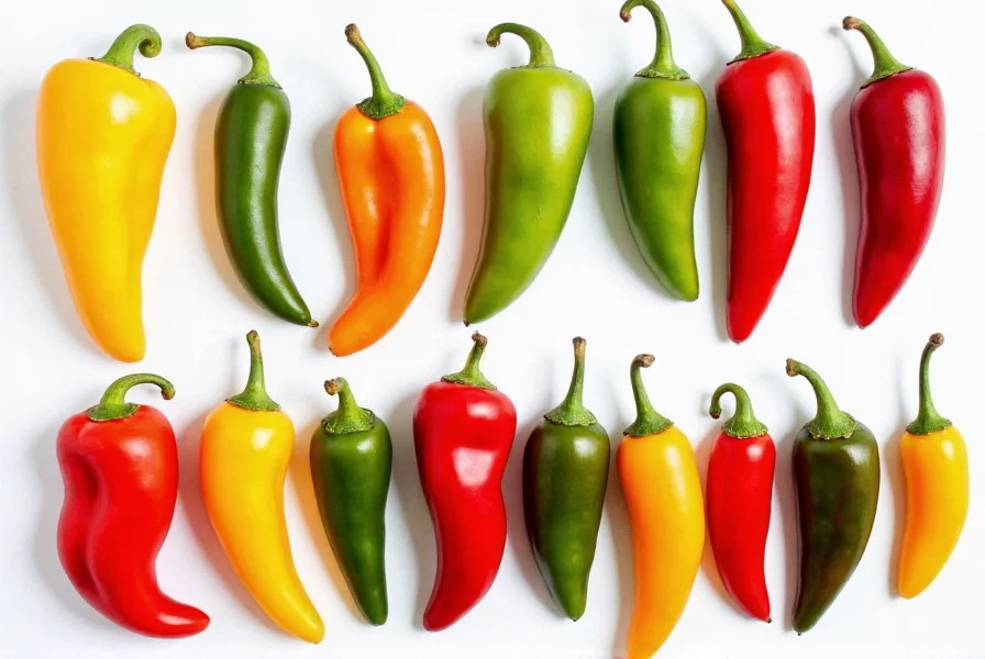 Colorful array of different pepper varieties showing diverse shapes, sizes and colors from a successful breeding program