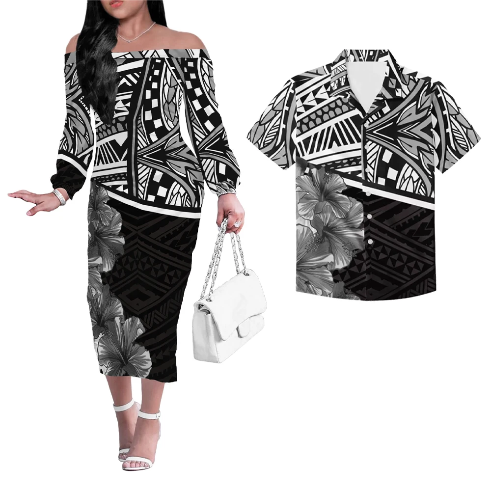 

New Arrival Women's Dress Customization Polynesian Tribal Style Girl Off Shoulder Dress Match Shirt Couple 2 Sets, Customized color
