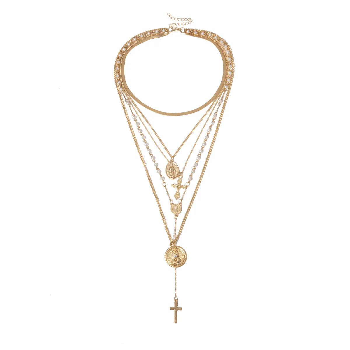 

Layered Long Necklace for Women Beads Chain Virgin Mary Cross Queen Coin Pendant Necklace Gold/Silver Trendy Jewelry Gift, Picture