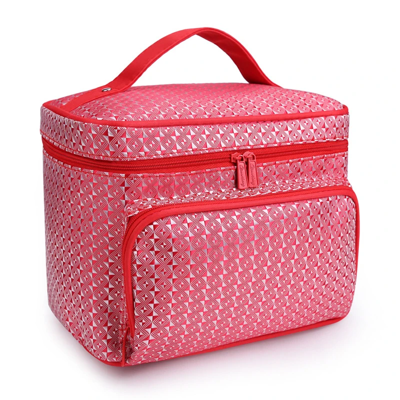 

Free Shipping Checked Flower Design Waterproof Travel Makeup Case Portable Organizer Train Handy Cosmetic Pouch for Women Ladies, As pictures