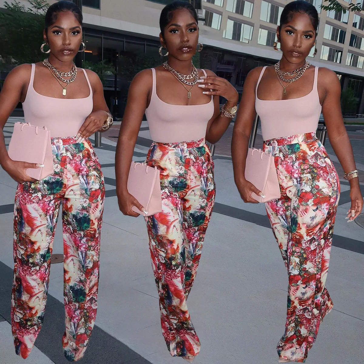 

F22042A 2021 Amazon hot sale women's high waist pants stretch floral print trousers for women, As picture