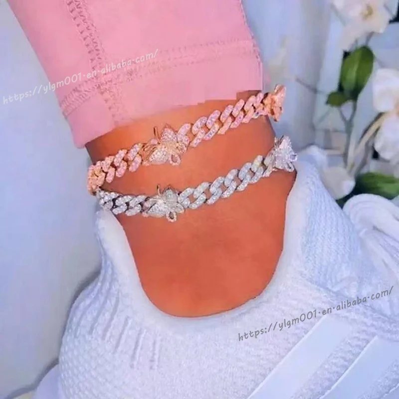 

18k gold Silver Pink Ankle Bracelet Women Summer Beach Accessories Shining Foot Bracelet Leg Jewelry Butterfly Cuban Anklet