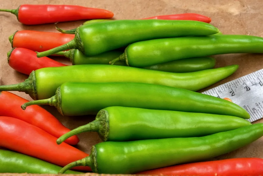 Close-up view of fresh green and red Fresno chilies next to a ruler for scale, showing their tapered shape and smooth skin