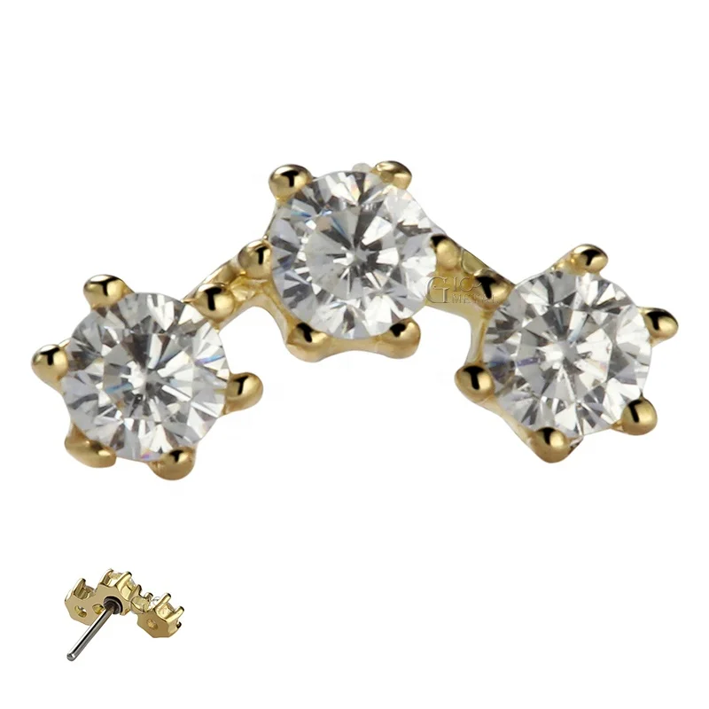 

Triangle Jewelled Threadless Attachment Lip Labret 14Karat Solid Gold Body Piercing Jewelry