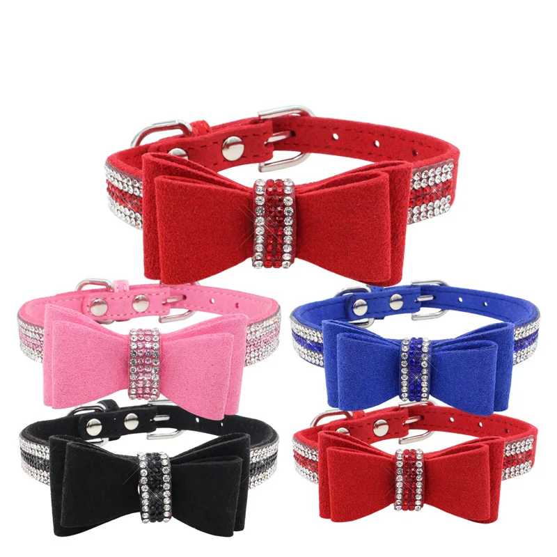 

Sublimation Cute Pet Collar Puppy Suede PU Colorful Diamond Dog Collar Bling, Red/black/pink/blue