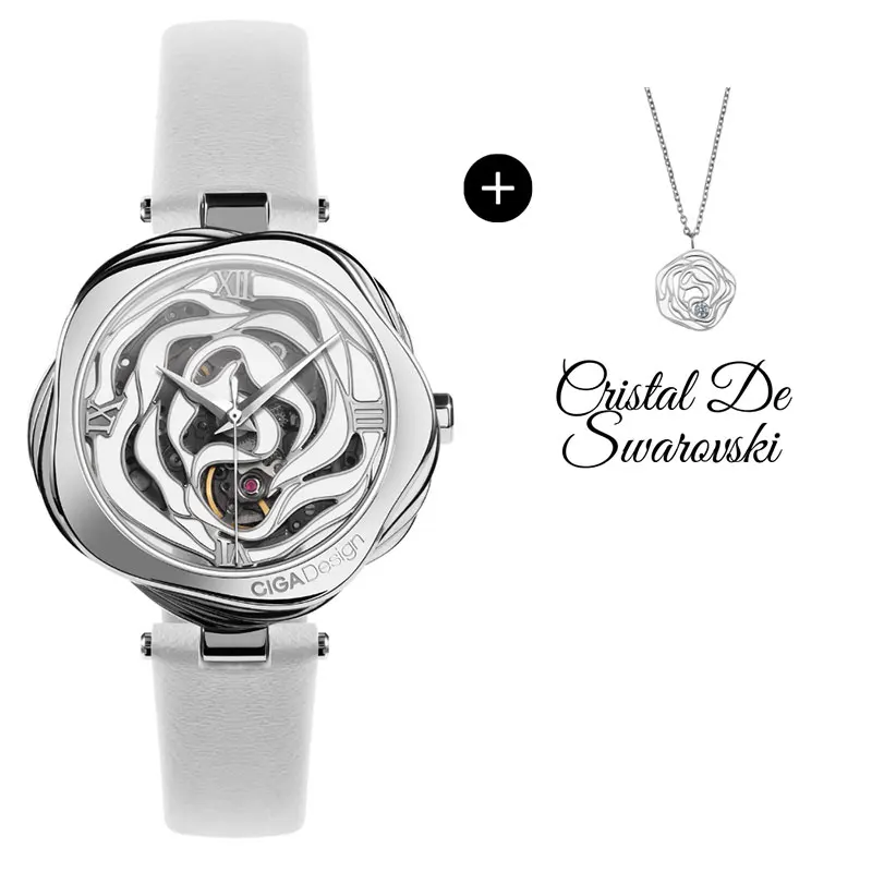 

Free Shipping CIGA Design R Series Denmark Rose Leather Strap Womens Mechanical Watch, Sliver