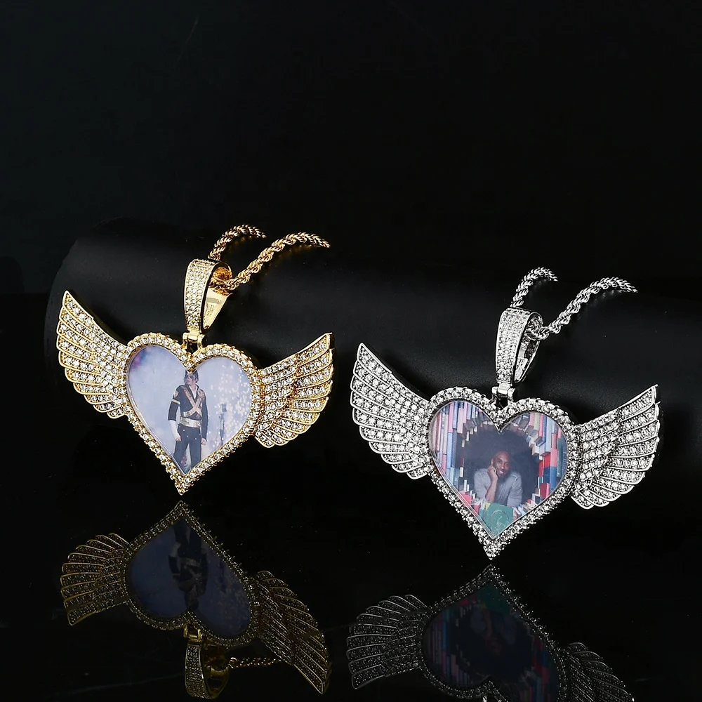 

One Custom Heart Wings Photo Pendant Necklace Memory Bling Iced Out Bling Zircon Pictures Rope Chain Hip Hop Sublimation Jewelry, Color,silver,rope