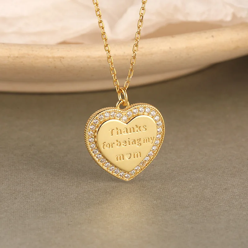 

Mother Day Gift Cubic Zirconia Engraved Diamond S925 Sterling Silver MOM Heart Necklace, Gold