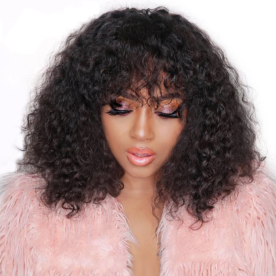 

Cheap Jerry Curly Synthetic Hair Wigs with Bang Machine Made Hair Wigs Cheap Full Curly Ali Grace Hair Bang Wig