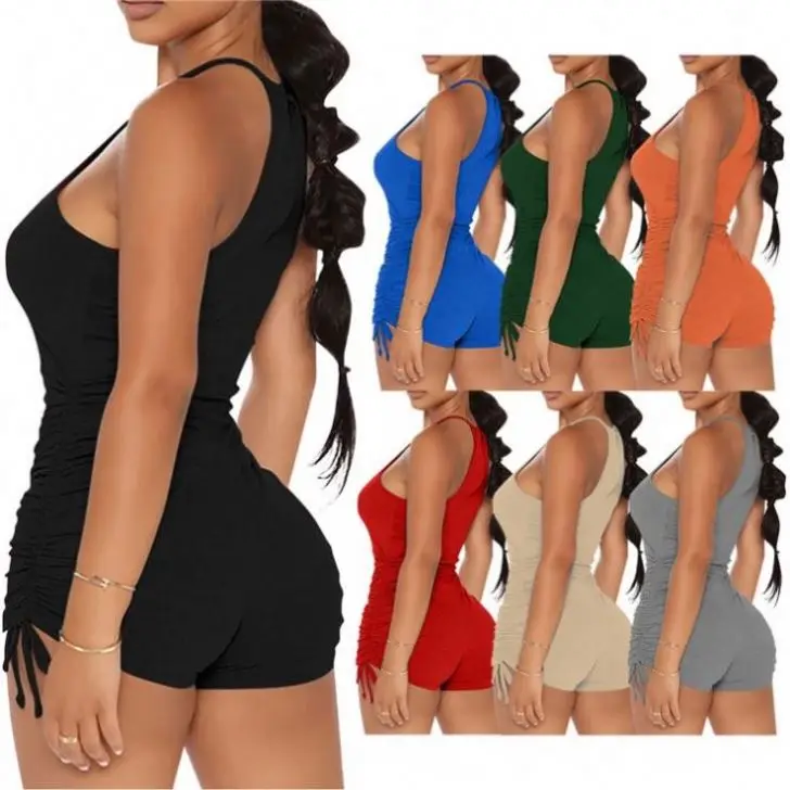 

Ckfashion Best Seller Casual Style Solid Color Side Drawstring Pleated Design Women Bodycon One Piece Shorts Jumpsuit Romper