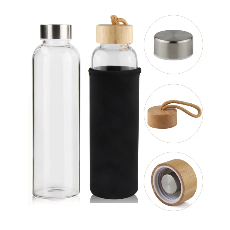

500ML Borosilicate Drinking Glass Water Bottle With Silicone Neoprene Sleeve Durable Glass Bottle Bamboo Lid