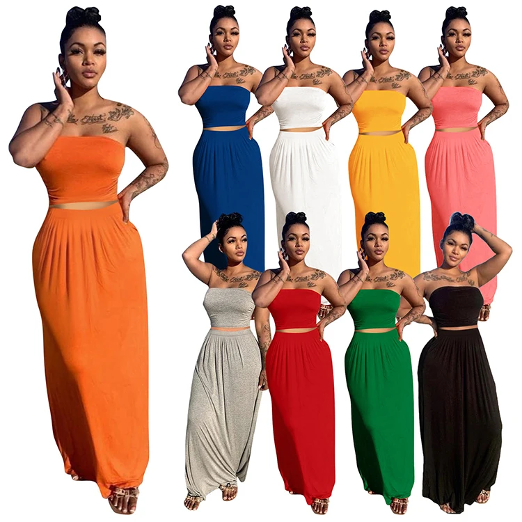

OSINA Amazon 2021 Summer Sexy Strapless Women Clothing Solid Color Long Skirt Suit Two Piece Set For Women 2 Piece