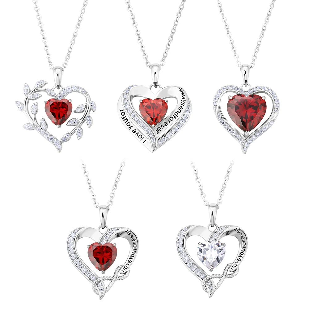 

KRKC Garnet Birthstone 18K White Rose Gold Plated 925 Sterling Silver Diamond Heart Shape Pendant Heart Necklaces for Women