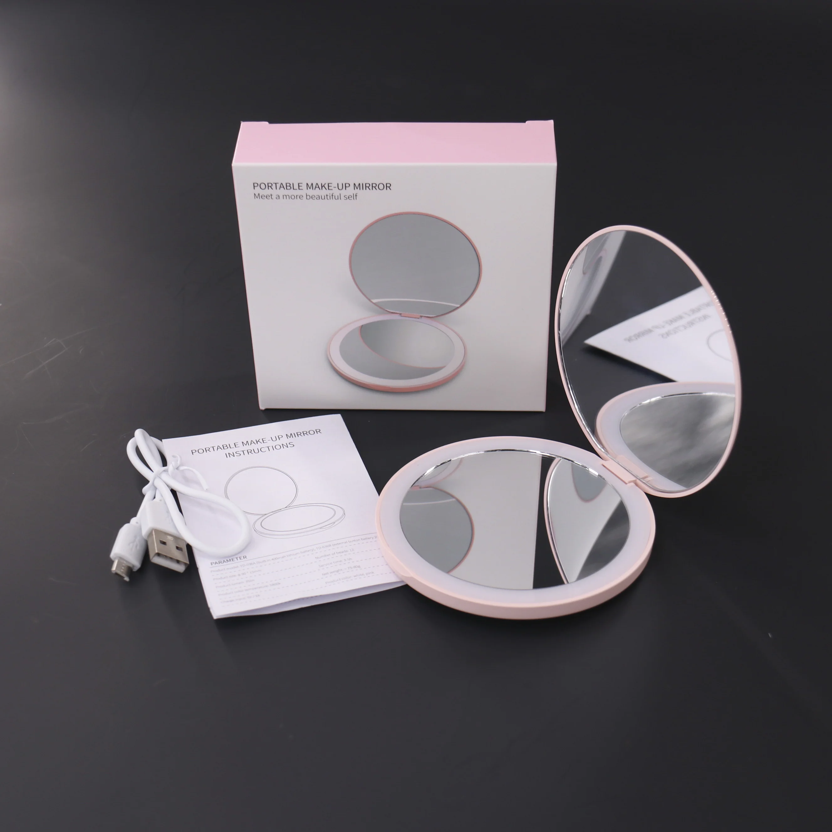 

Private Lable Custom Mini Round Mirror Handheld Recharging Makeup Led Cosmetics Hand Mirror Portable Pocket Mirror