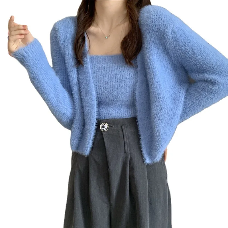 

Suit 2021 new women's knitted cardigan coat 2-piece set bottomed bra vest slim fit sweater suit