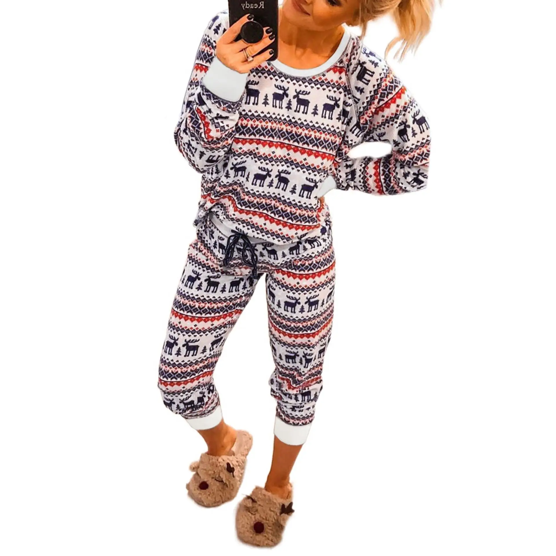 

Free Shipping R113 Fashion Women Christmas Pajamas Sets Cartoon Deer Printed Striped Reindeer Print Xmas Nightwear Pajamas Sets
