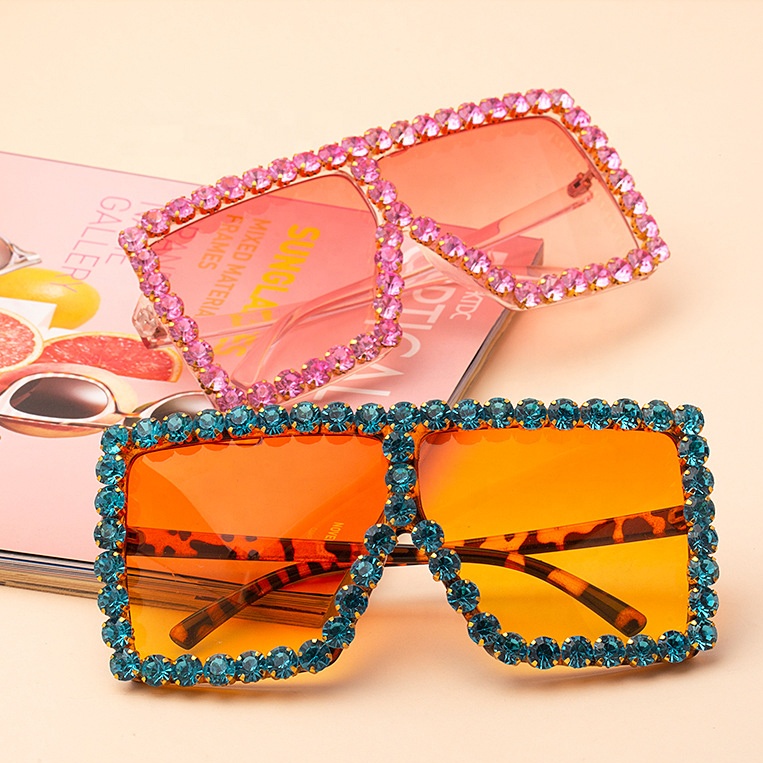 

U.S. Warehouse Shipment Spot Oversized Square Sun Glasses Diamond Rhinestone Women Shades Sunglasses