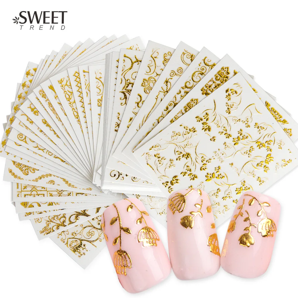 

20 pcs Golden Nail Stickers For Women 3D Decorations For Nail Art Classical Flower Style With High Quality, Gold