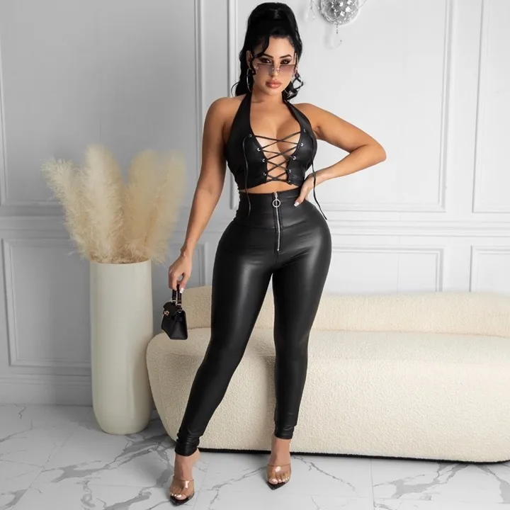 

PU Leather Zipper Pencil Pants Tracksuit Bandage Sleeveless Vest Halter Outfits Solid Color Hollow Casual Two Piece Sets, Shown