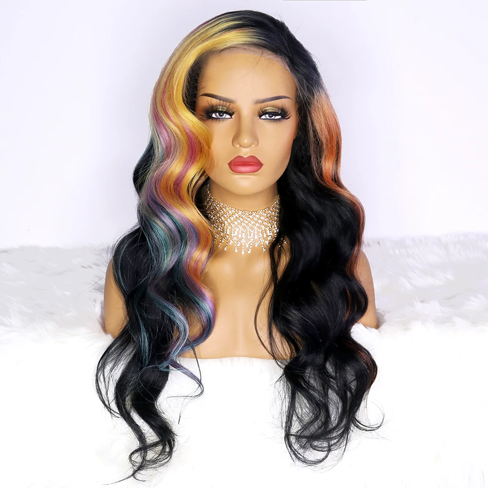 

Rainbow Black Gradient Body Wave Wig with Baby Hair Front Lace Human Hair Wig Beautiful Girl Brazilian Virgin Hair Wig